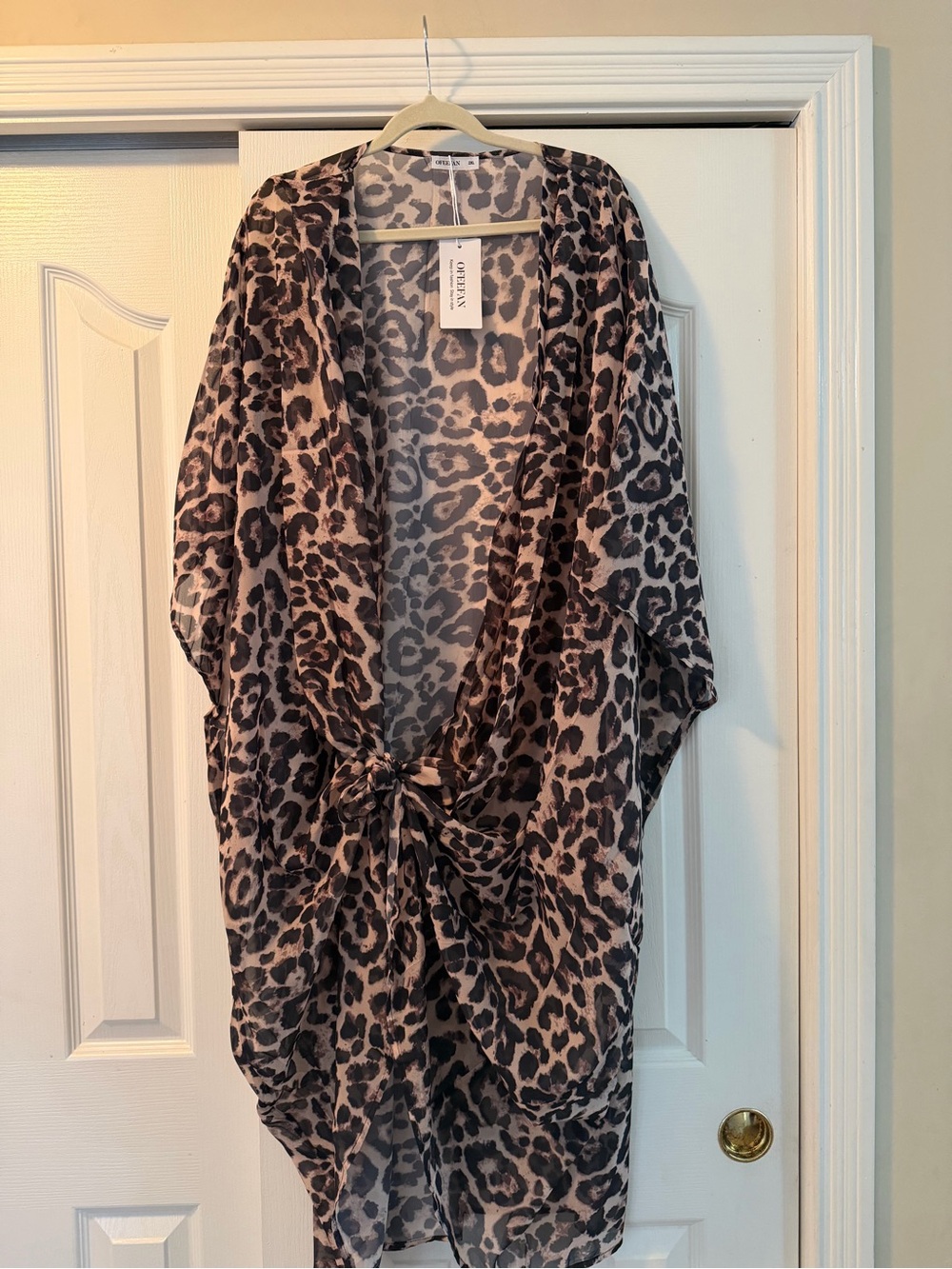 Sheer Leopard Print Kimono Tie-Front Top - Beige/Black